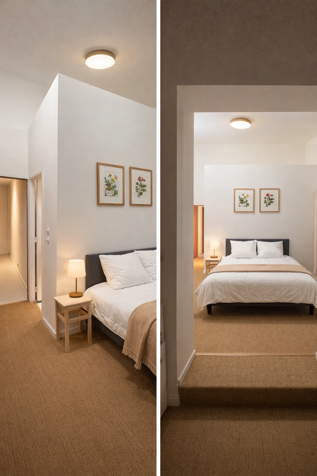 Deux vues d'une chambre au sol en fibre naturelle, un lit blanc adossé à une cloison basse ornée de deux cadres botaniques, avec un passage vers le couloir sur le côté.