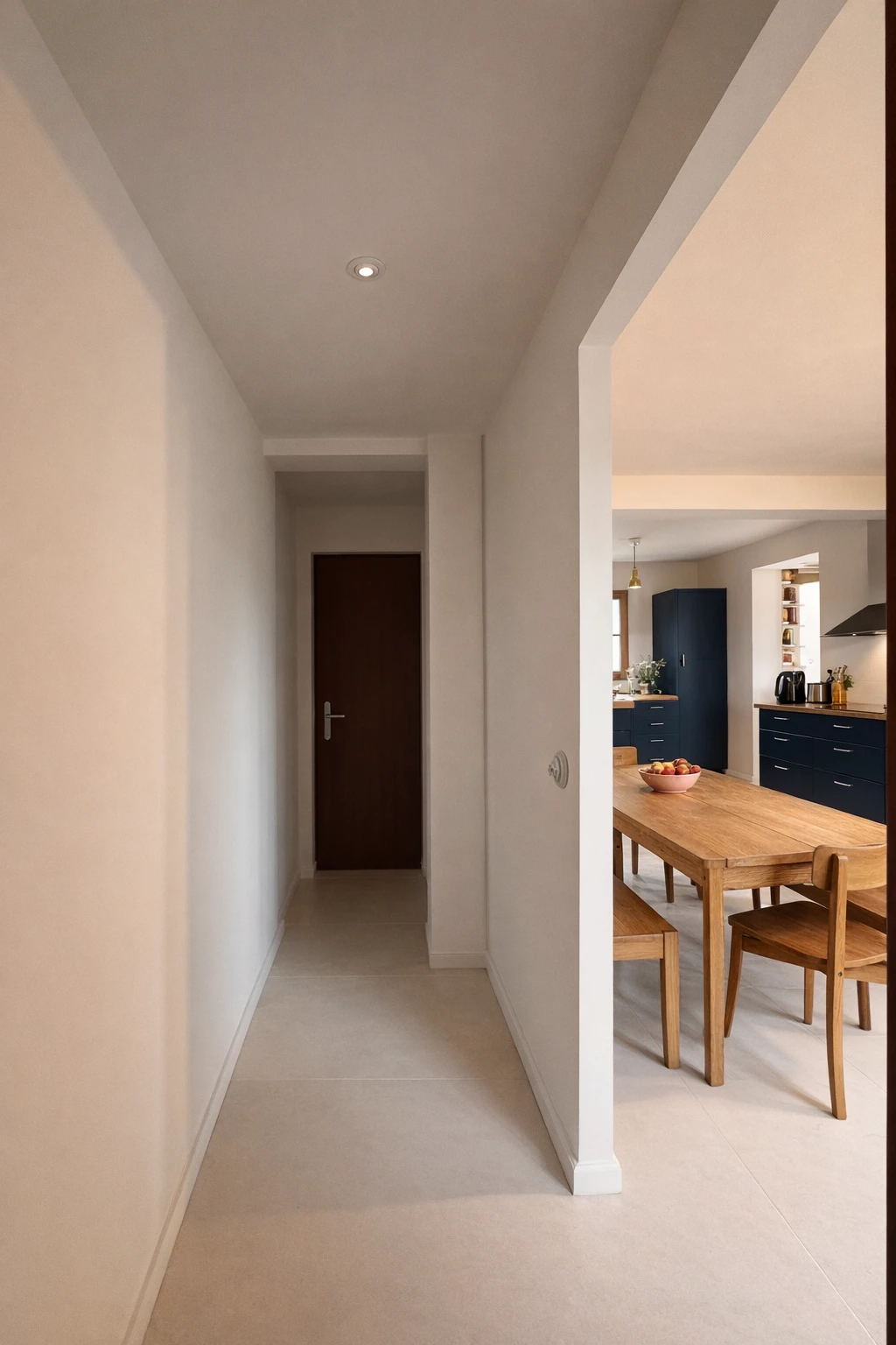 Couloir blanc au sol clair menant à une porte en bois sombre, une large ouverture à droite donnant sur la table en bois et la cuisine bleu nuit.