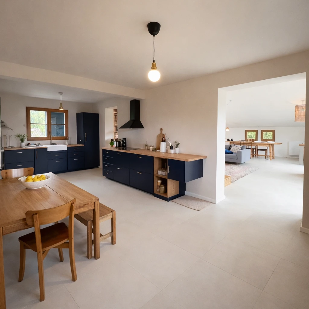 Cuisine aux façades bleu nuit et plans de travail en bois, une table en bois au premier plan, et une large ouverture vers le séjour et la salle à manger.