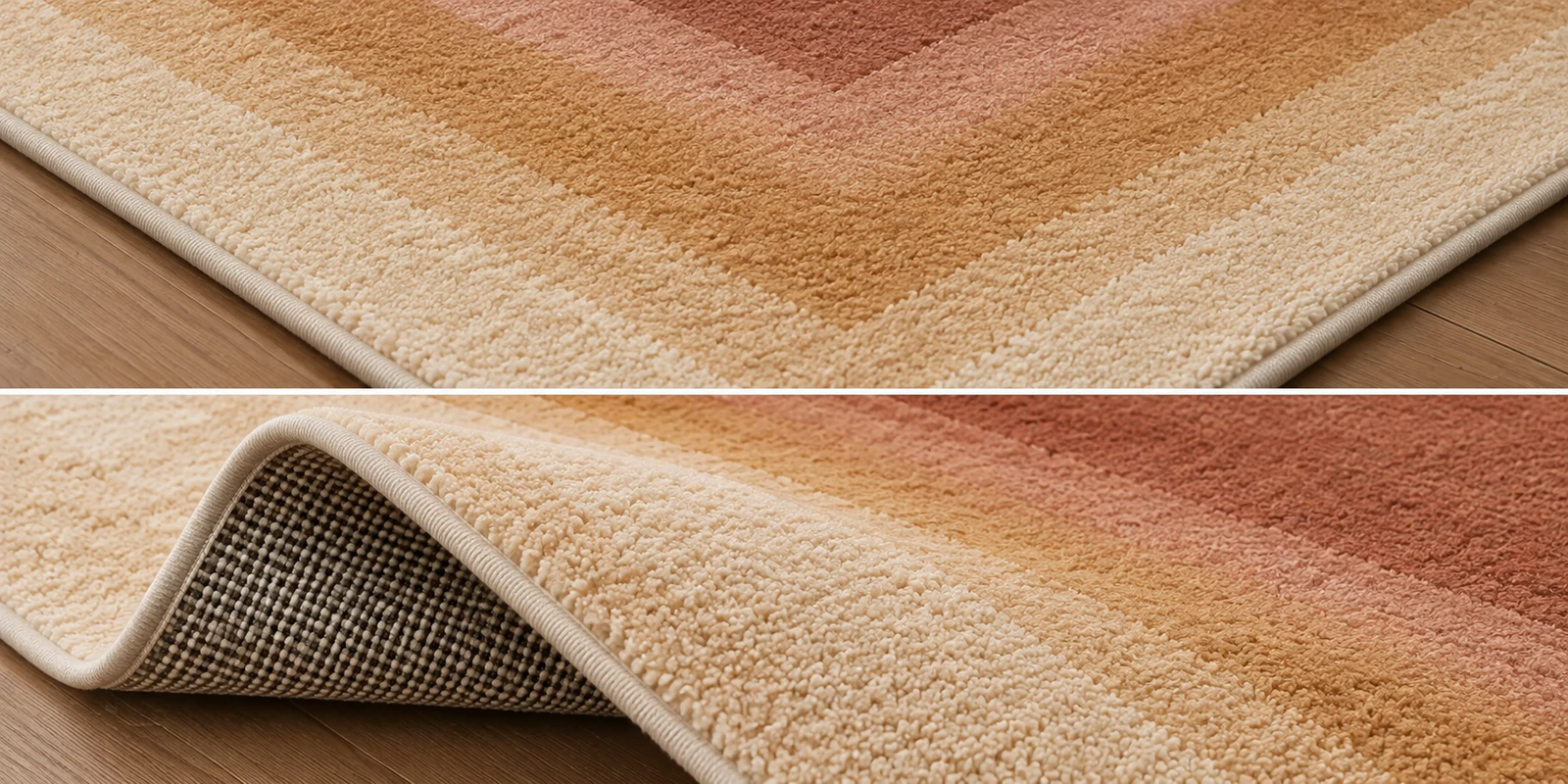 Deux gros plans sur un tapis, l'angle montrant les bandes beige, ocre et terracotta, et un coin replié révélant le galon de bordure et l'envers tissé.