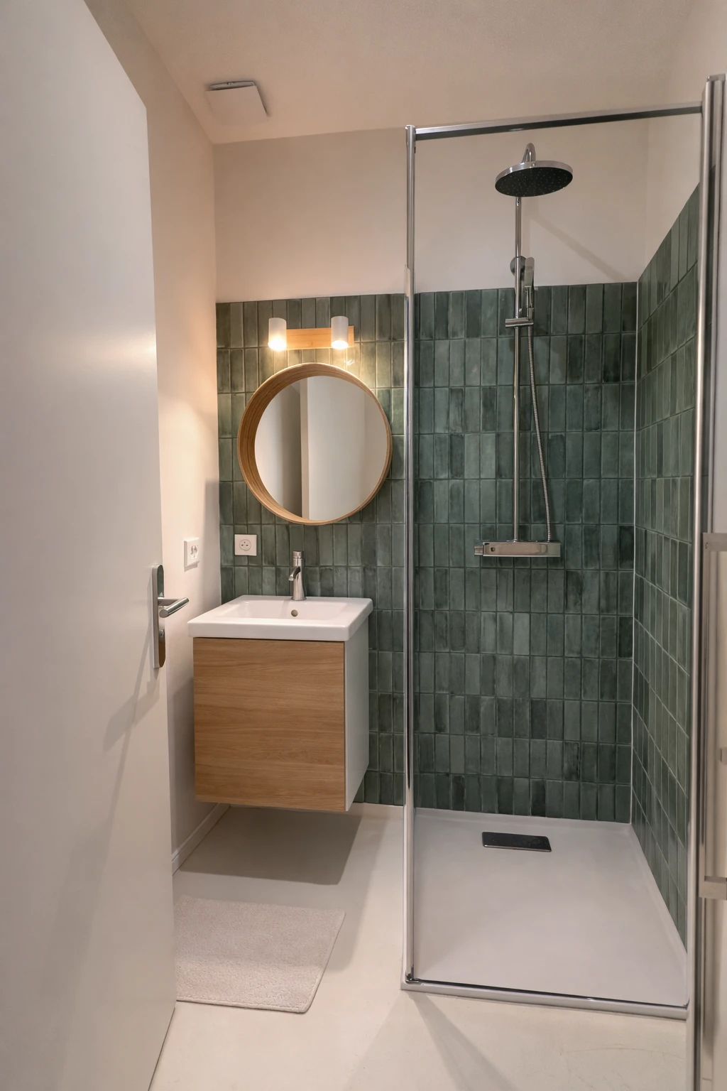 Salle d'eau aux carreaux verticaux vert profond, un meuble vasque suspendu en bois, un miroir rond cerclé de bois et une douche à l'italienne derrière une paroi vitrée.