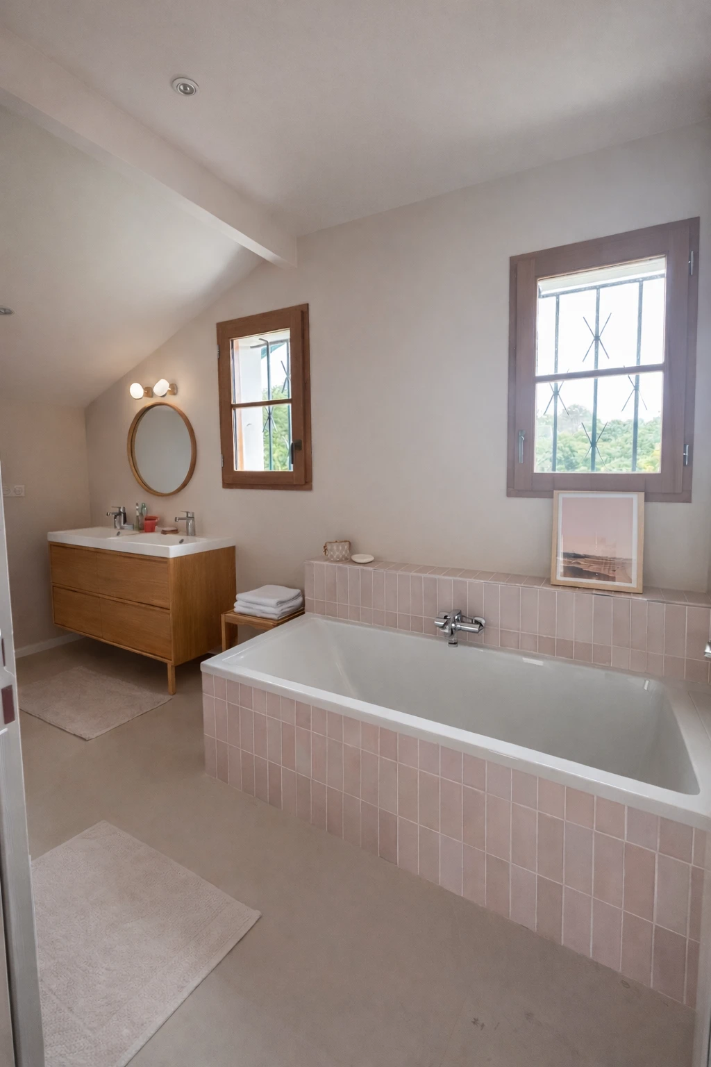 Salle de bain sous rampant, une baignoire habillée de carreaux rose poudré, un meuble vasque en bois, un miroir rond et deux fenêtres en bois ouvrant sur la verdure.