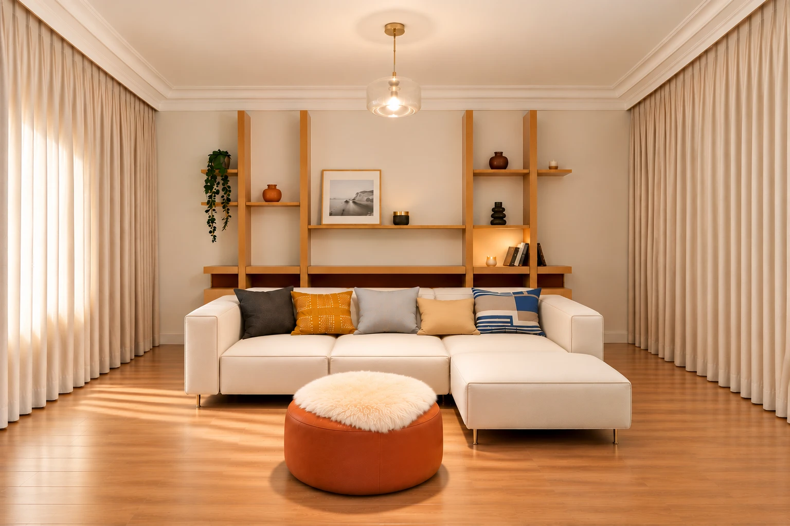 Salon au canapé d'angle blanc devant une bibliothèque en bois clair, pouf terracotta recouvert d'une peau, rideaux beige et parquet chaleureux.