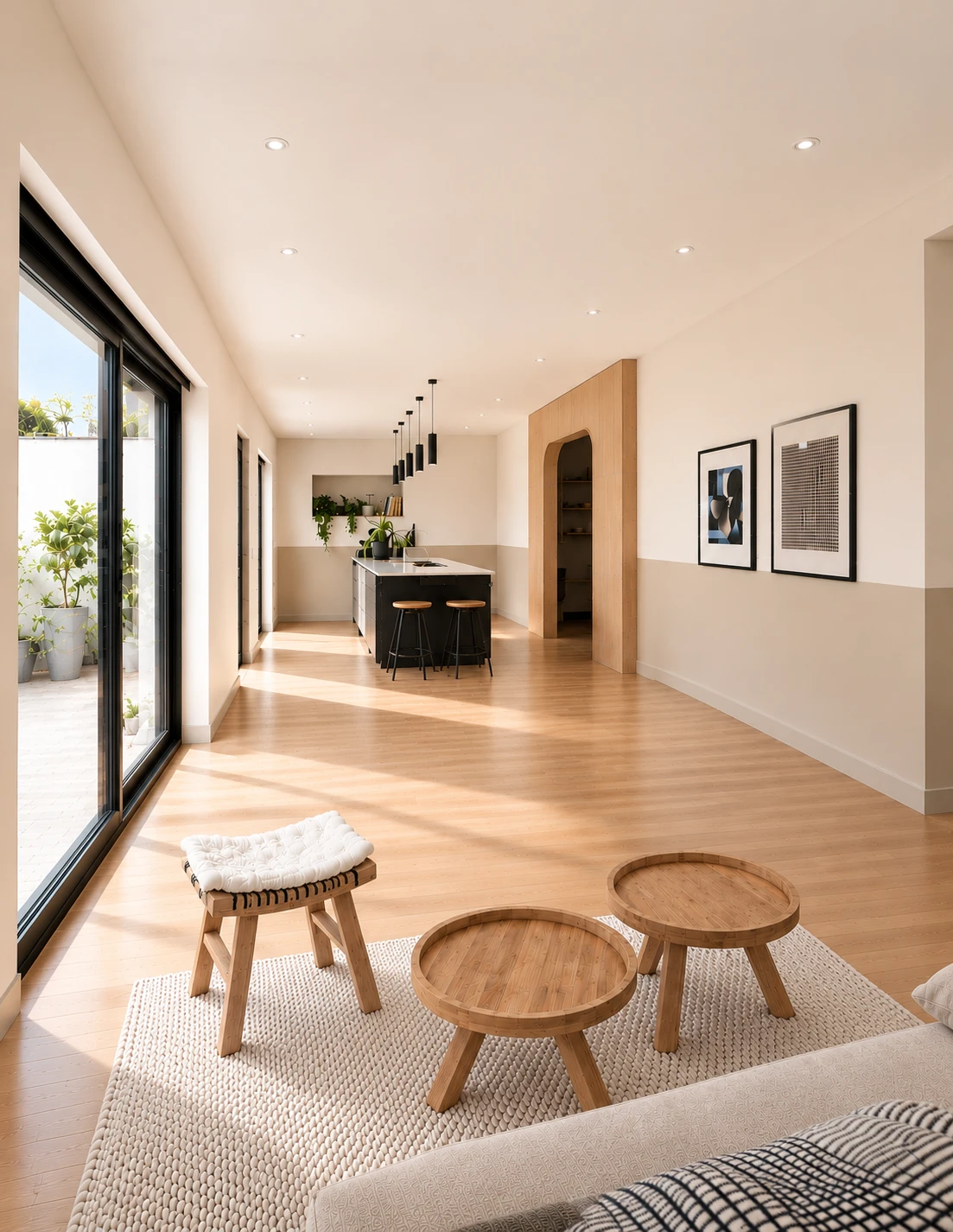 Pièce de vie lumineuse le long d'une baie vitrée noire, tabourets et tables basses en bois sur un tapis tressé, cuisine à îlot noir au fond et passage voûté habillé de bois clair.