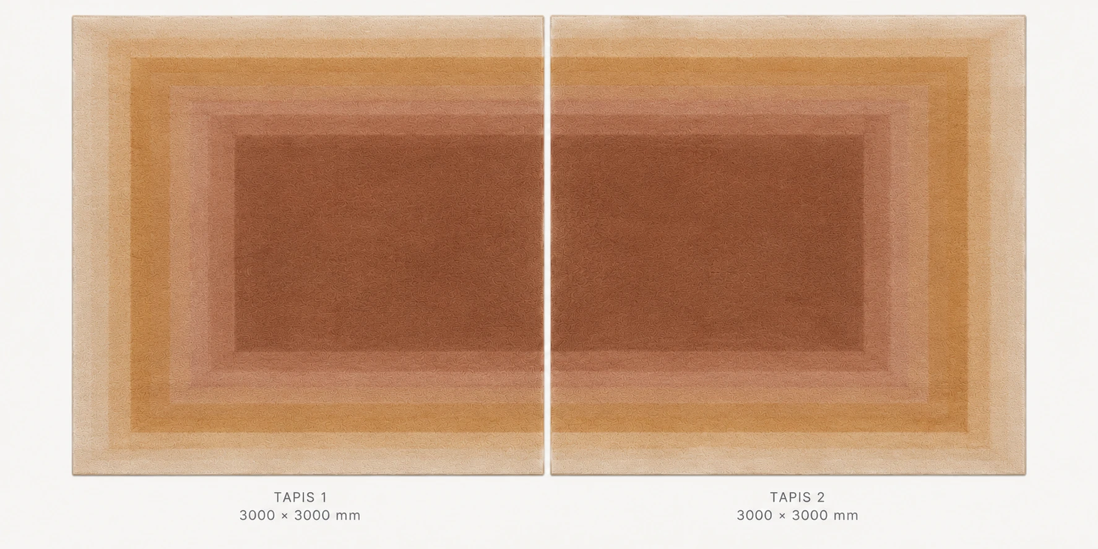 Dessin à plat des deux tapis carrés de 3000 par 3000 millimètres côte à côte, chacun composé de cadres concentriques en dégradé, du beige en bordure à l'ocre puis au terracotta au centre.